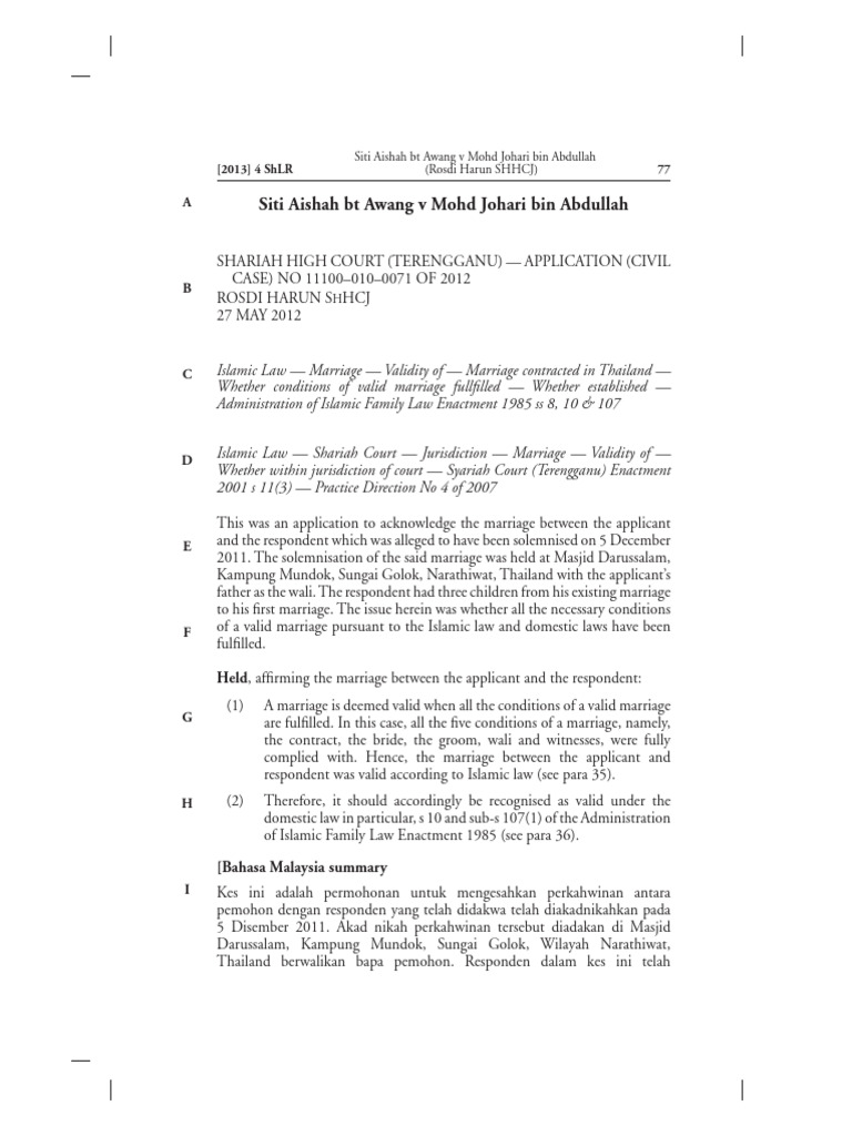 Siti Aishah Bt Awang v Mohd Johari Bin Abdullah PDF Marriage