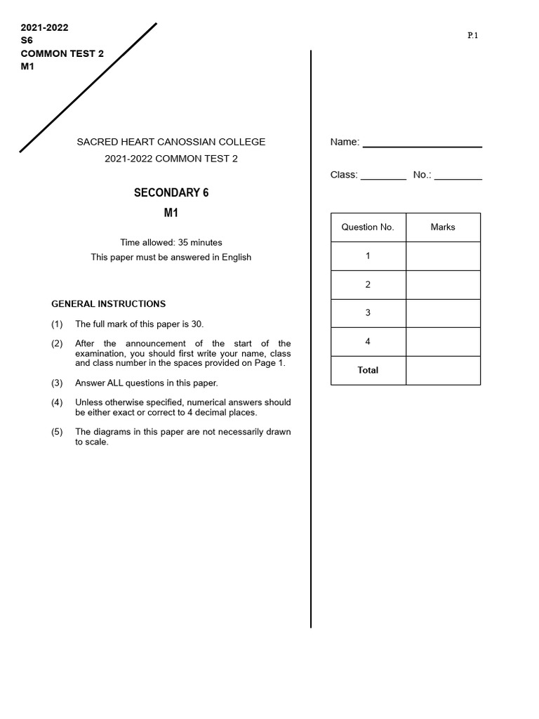 Secondary 6 m1 sacred heart canossian college 2021 2022 common test 2