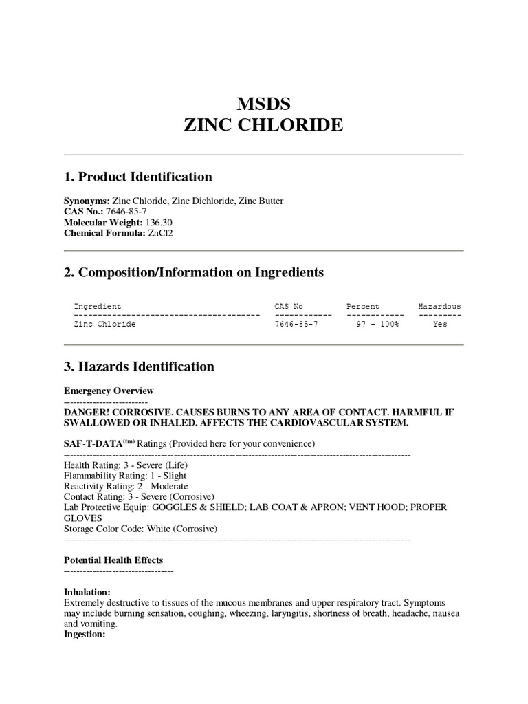 Zinc Chloride (MSDS) PDF Personal Protective Equipment Water