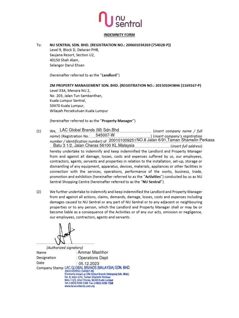 Indemnity Form for NU Sentral Activities | PDF | Private Law | Common Law