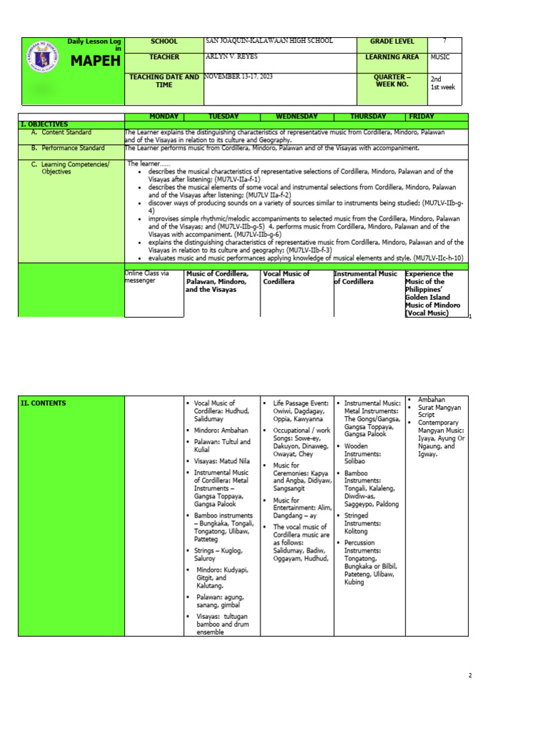 MAPEH Music Lesson Plan for Grade 7 | PDF | Learning | Poetry