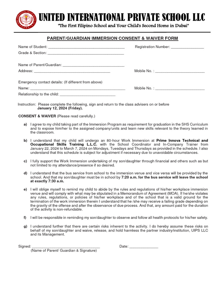 Parent Consent for Student Immersion Waiver | PDF | Career & Growth
