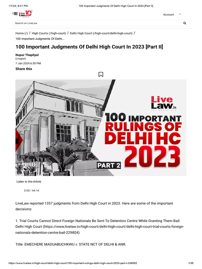 Key Delhi High Court Judgments 2023 | PDF | Judgment (Law) | Government