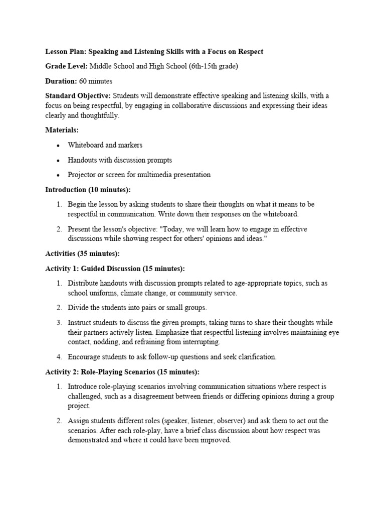 Lesson Plan For Speaking and Listening Lesson Plan 1 | PDF ...