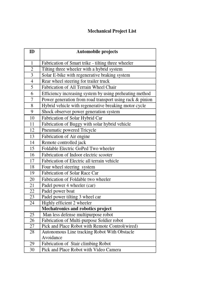 Mechanical Project Ideas List | PDF | Hydroelectricity | Metal Fabrication
