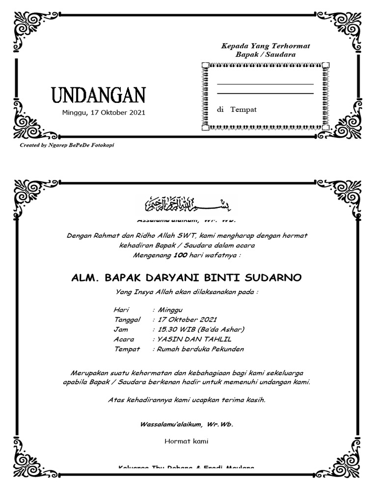 contoh undangan 100 hari meninggal | PDF