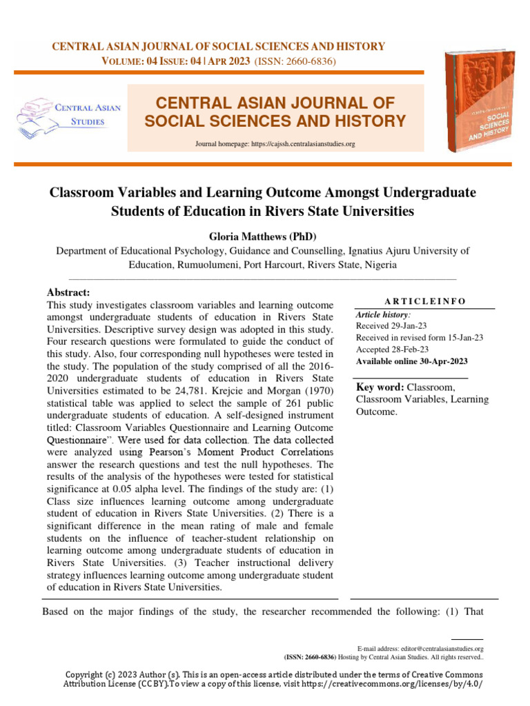 Classroom Variables and Learning Outcome Amongst Undergraduate Students ...