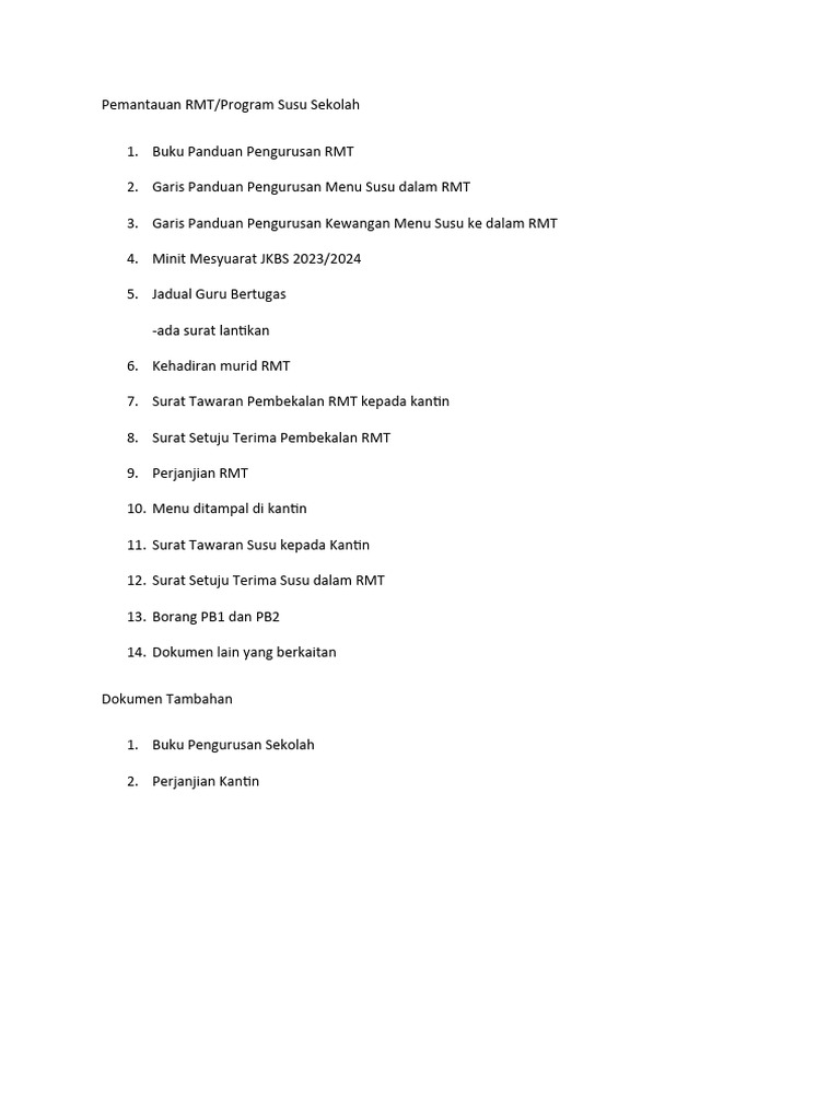 Senarai Dokumen Pemantauan RMT | PDF