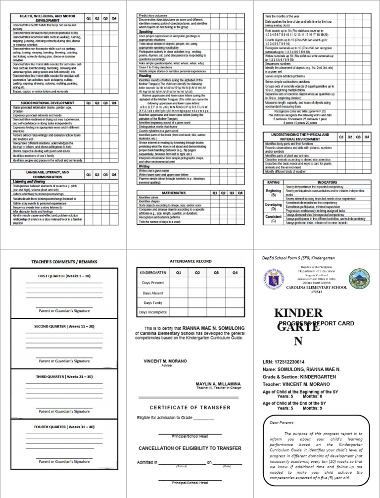 Kindergarten Progress Report Card PDF Kindergarten Schools