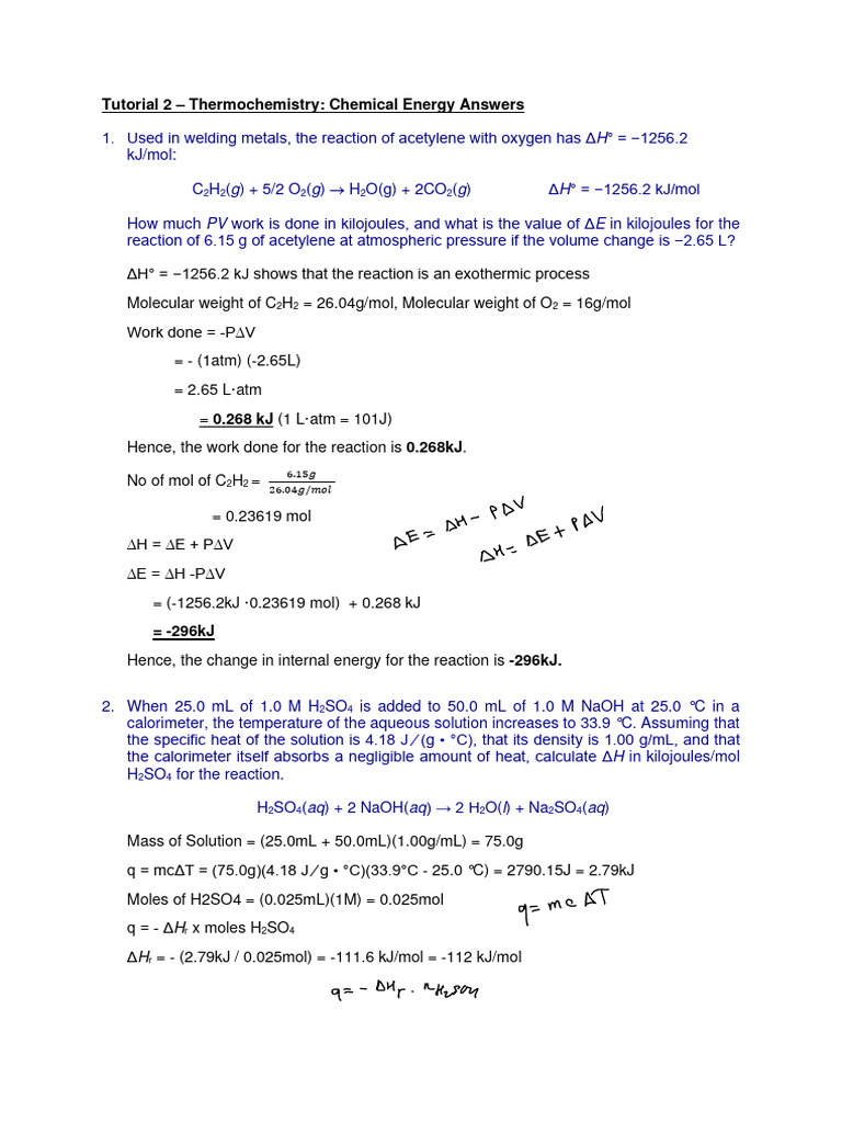 Tutorial 2 - Thermochemistry 2022 Answers - Suggested | PDF