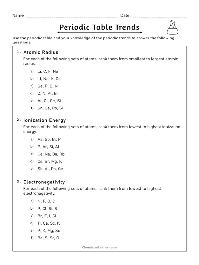 chemistry periodic trends worksheet answers