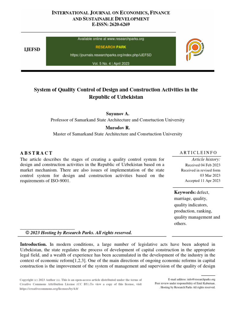 System of Quality Control of Design and Construction Activities in The ...