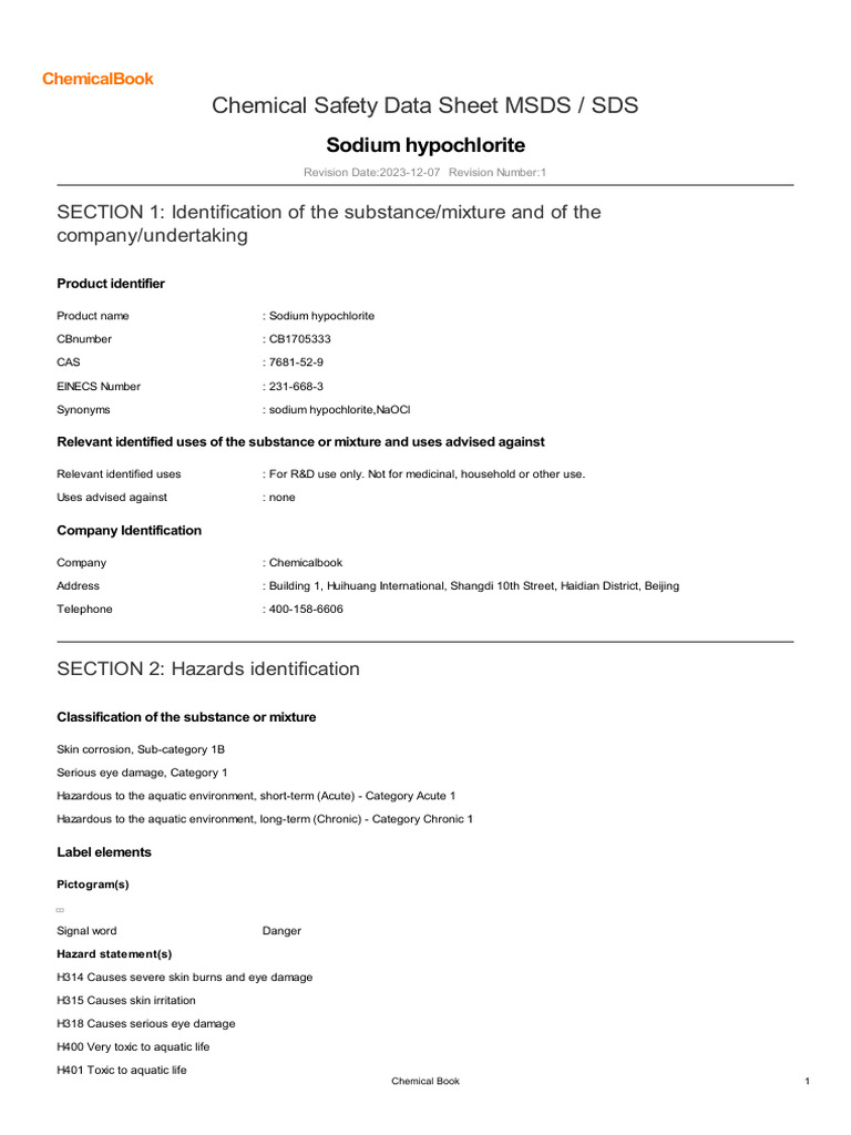 Sodium hypochlorite sds pdf dangerous goods toxicity