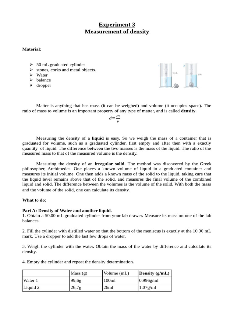Density Measurement Experiment Guide | PDF | Density | Volume