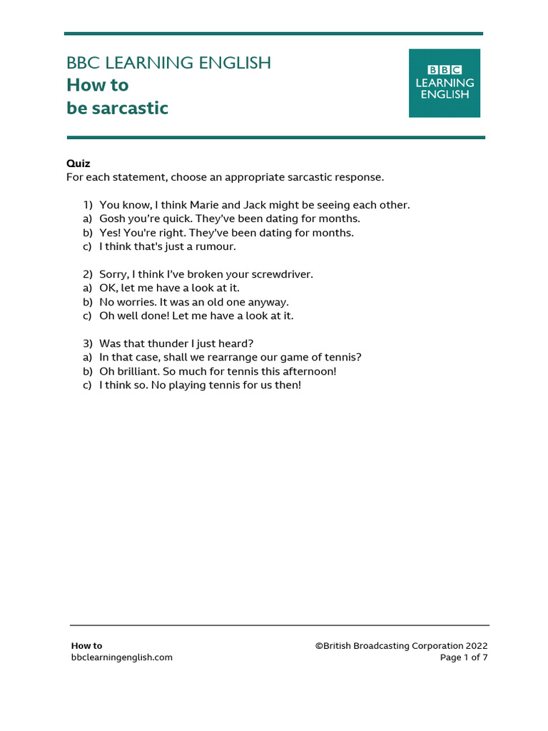 Mastering Sarcasm in English Conversations | PDF | Language Arts ...