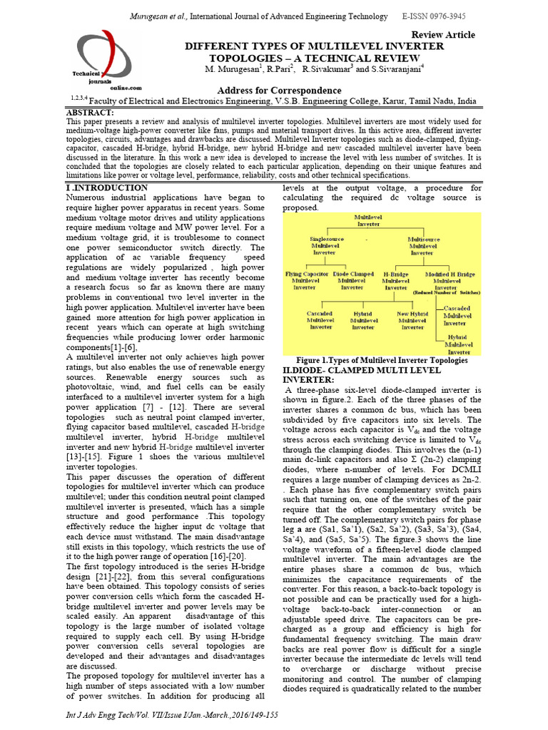 Different Types of Multilevel Inverter Topologies - A Technical Review ...