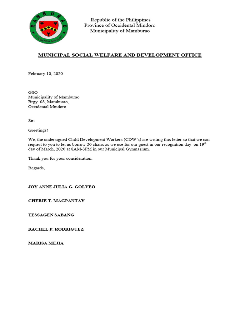 Letter of request tables and chairs pdf
