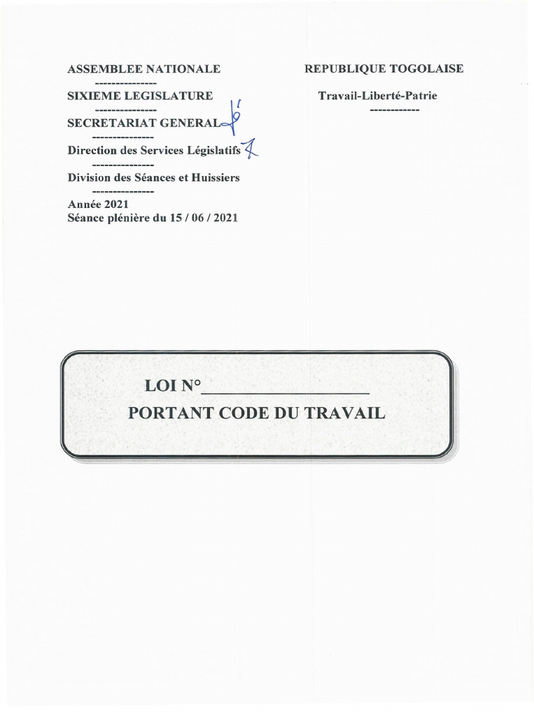 2021 06 15 Loi Adoptee Loi Portant Nouveau Code Du Travail | PDF ...