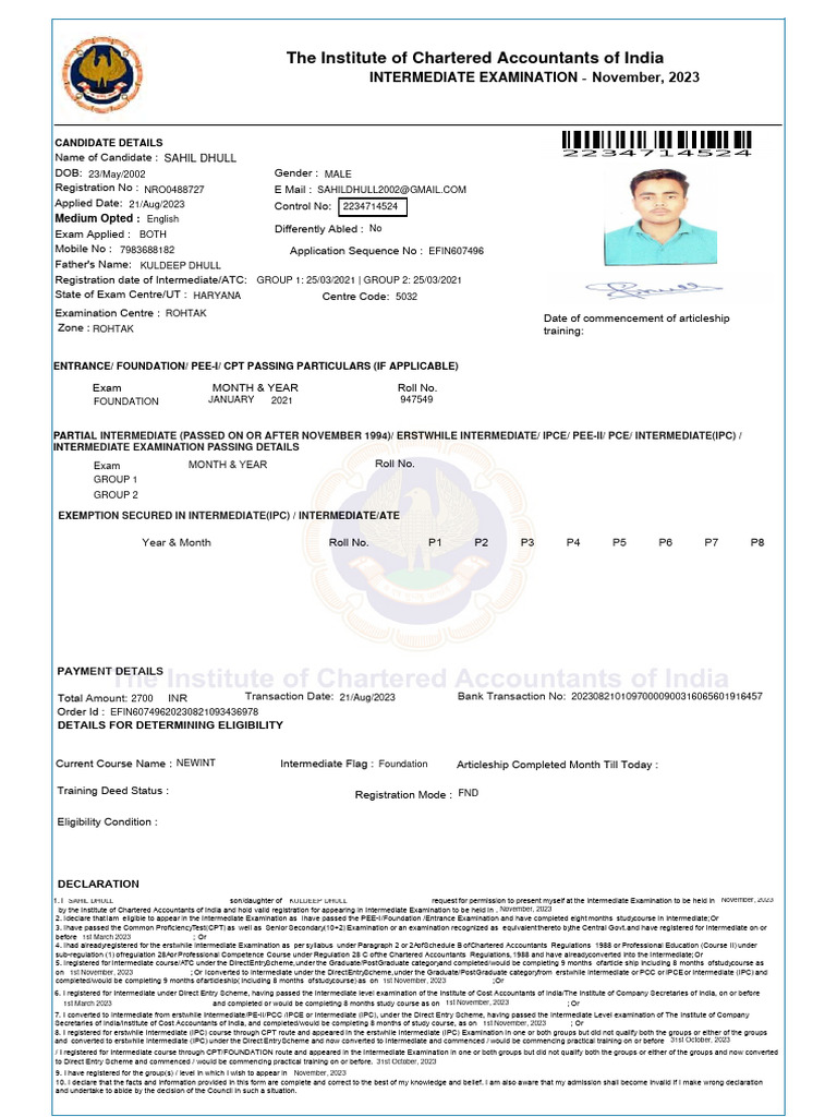 ICAI Intermediate Exam Application Form | PDF | Career & Growth | Business