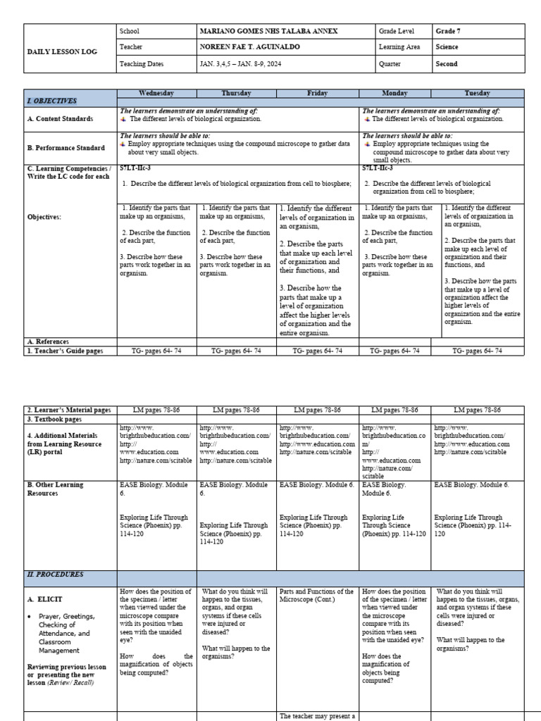 Grade 7 Biological Organization Plan | PDF | Learning | Organisms
