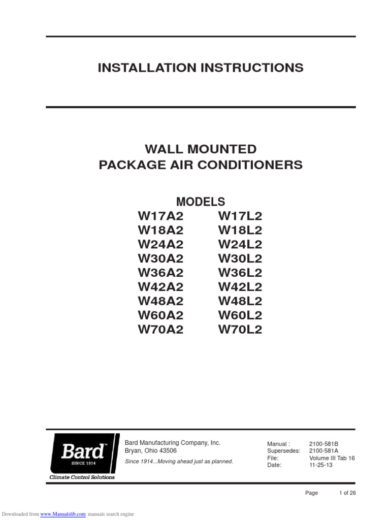 Manual Bard wall mounted INSTALLATION INSTRUCTIONS PDF Duct (Flow