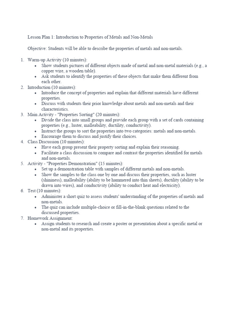 Metals and Non-Metals Lesson Plan | PDF