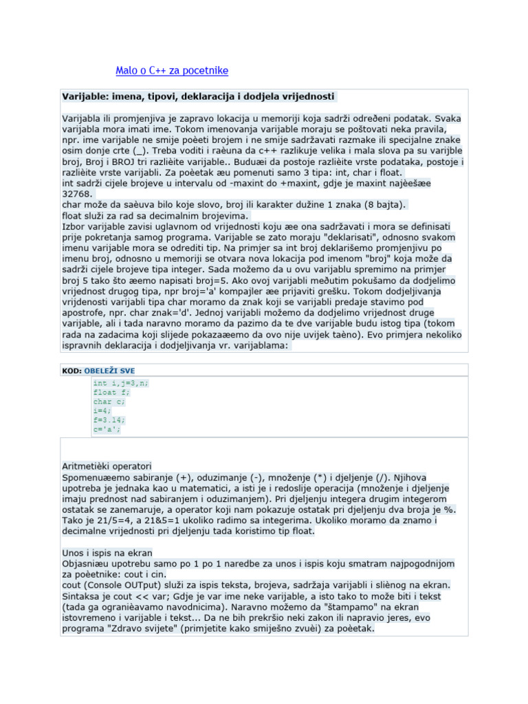 Malo o C++ Za Pocetnike: Varijable: Imena, Tipovi, Deklaracija I ...