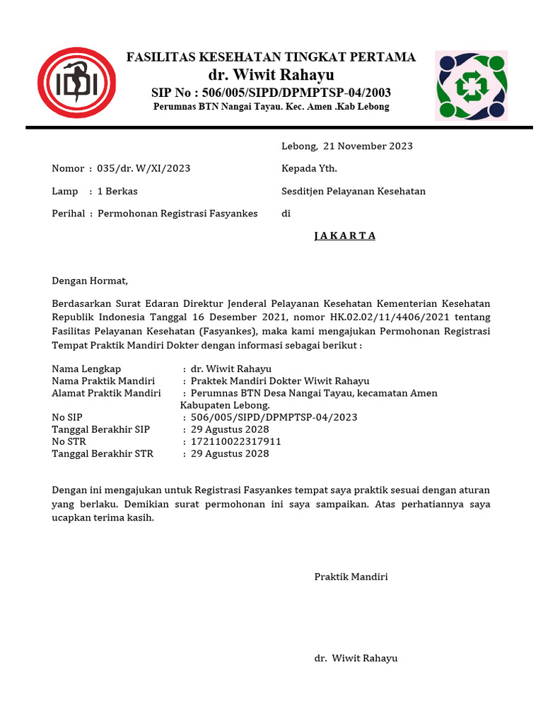 Permohonan registrasi fasyankes pdf