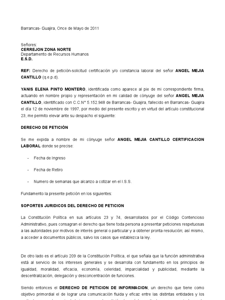 Derecho de Peticion Para Pedir Certificacion Laboral