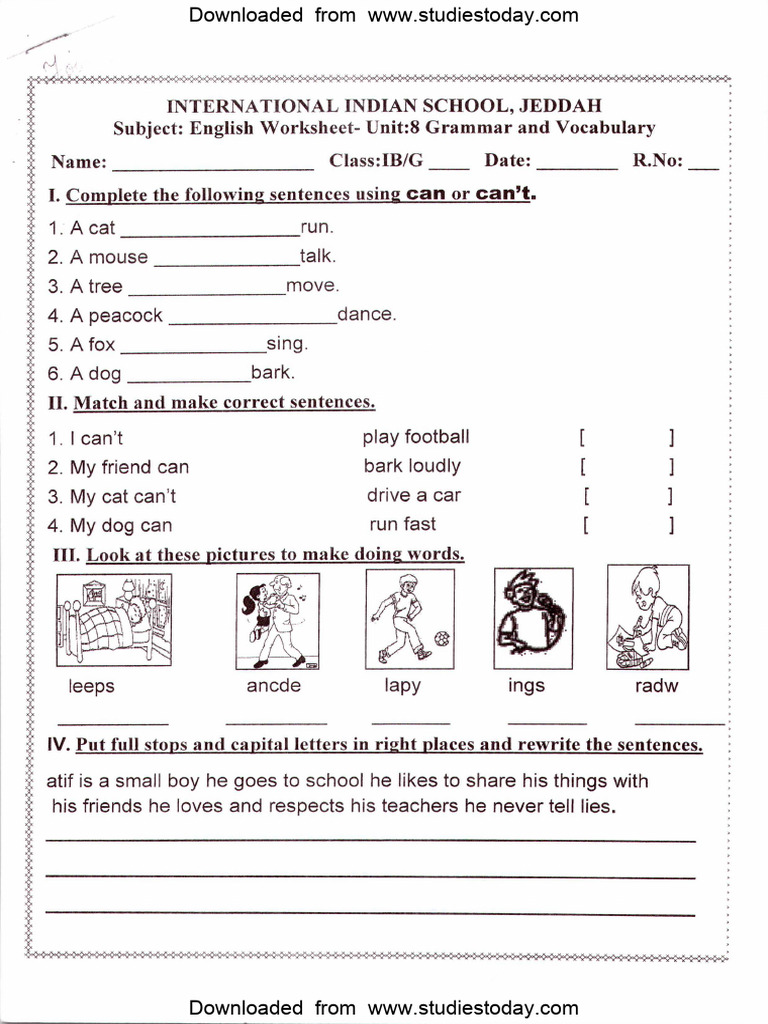 CBSE Class 1 English Worksheets (28) Grammer and Vocabulary PDF