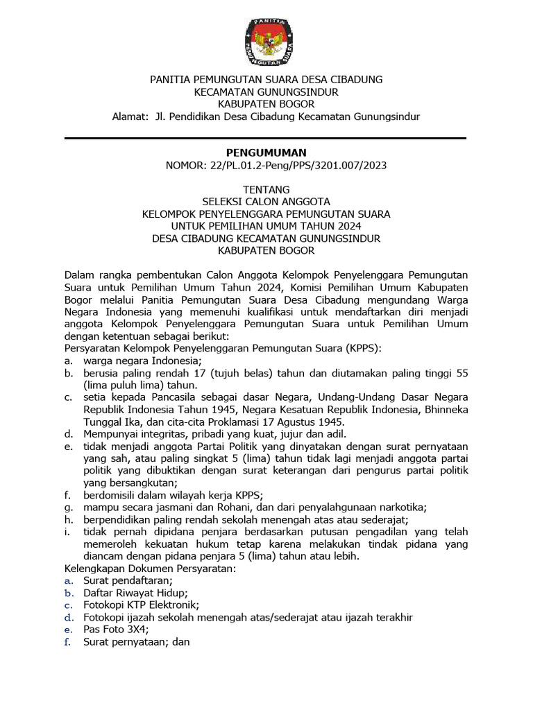Pengumuman seleksi kpps pdf