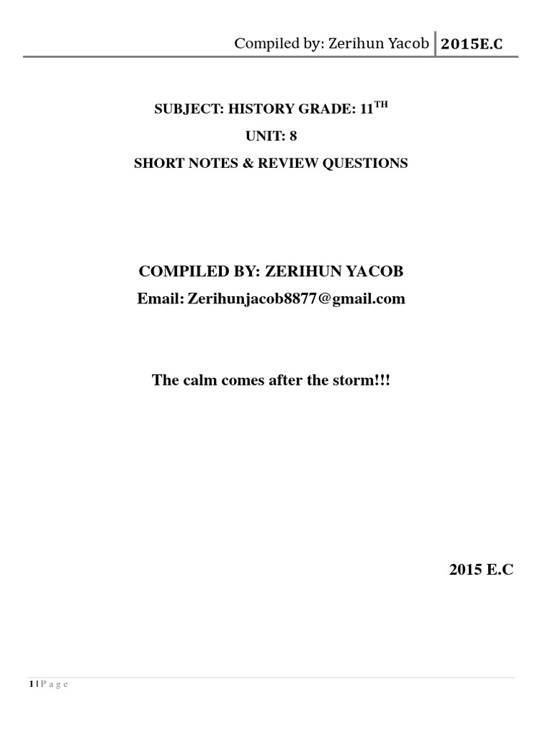 Grade 11 History Unit 8 Notes | PDF | Ethiopia | Horn Of Africa