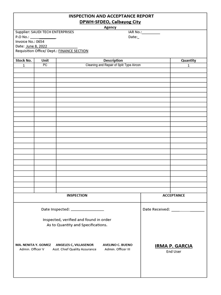 Inspection and acceptance report pdf