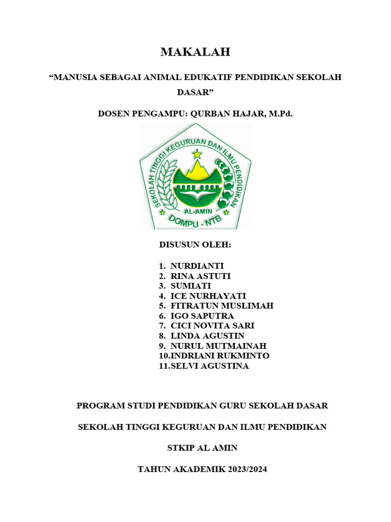 Makalah Manusia Sebagai Animal Edukatif Pendidikan Sekolah Dasar | PDF