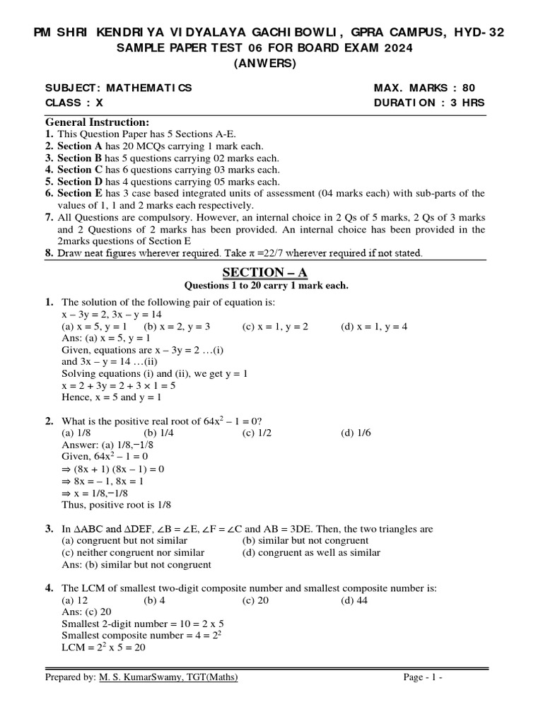 Class X Maths Sample Paper 2024 | PDF