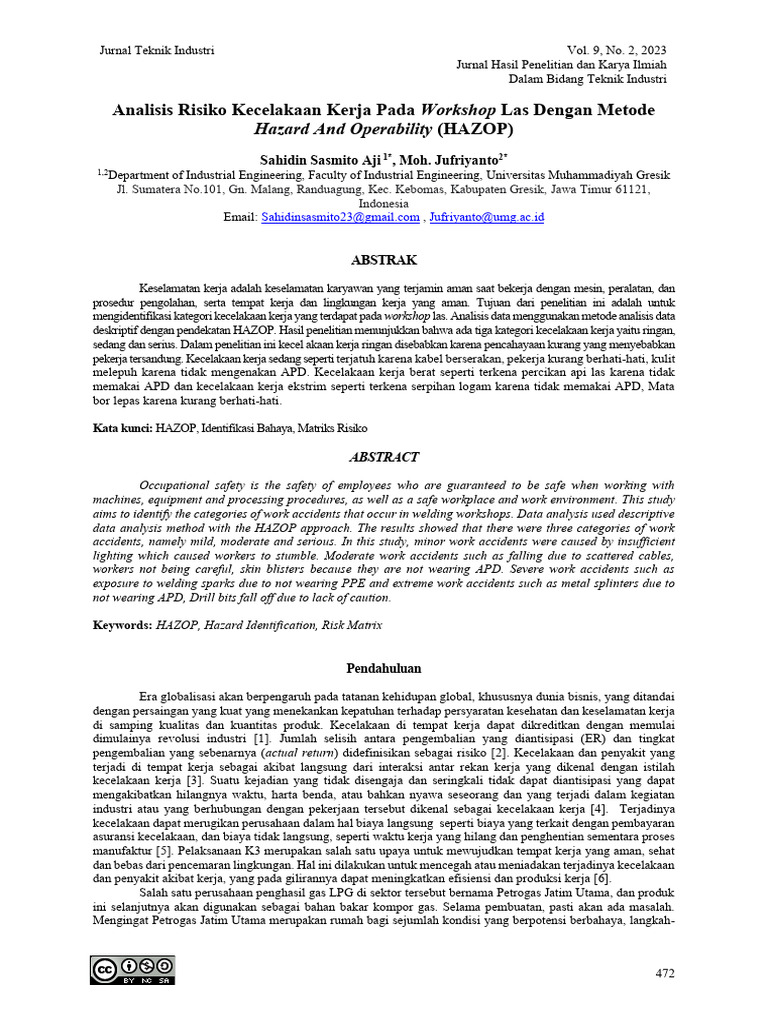 Analisis Risiko Kecelakaan Kerja Pada Workshop Las Dengan Metode Pdf