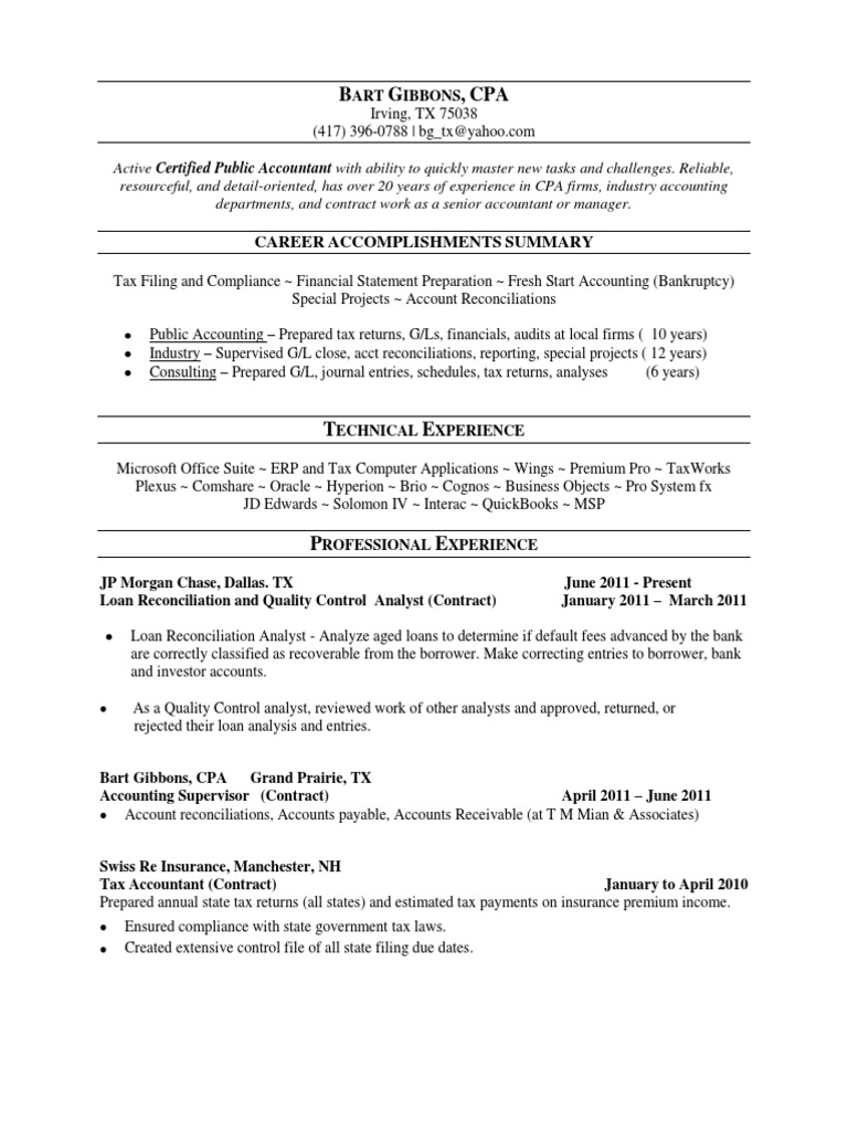 Senior Accountant CPA in Dallas Ft Worth TX Resume Bart Gibbons