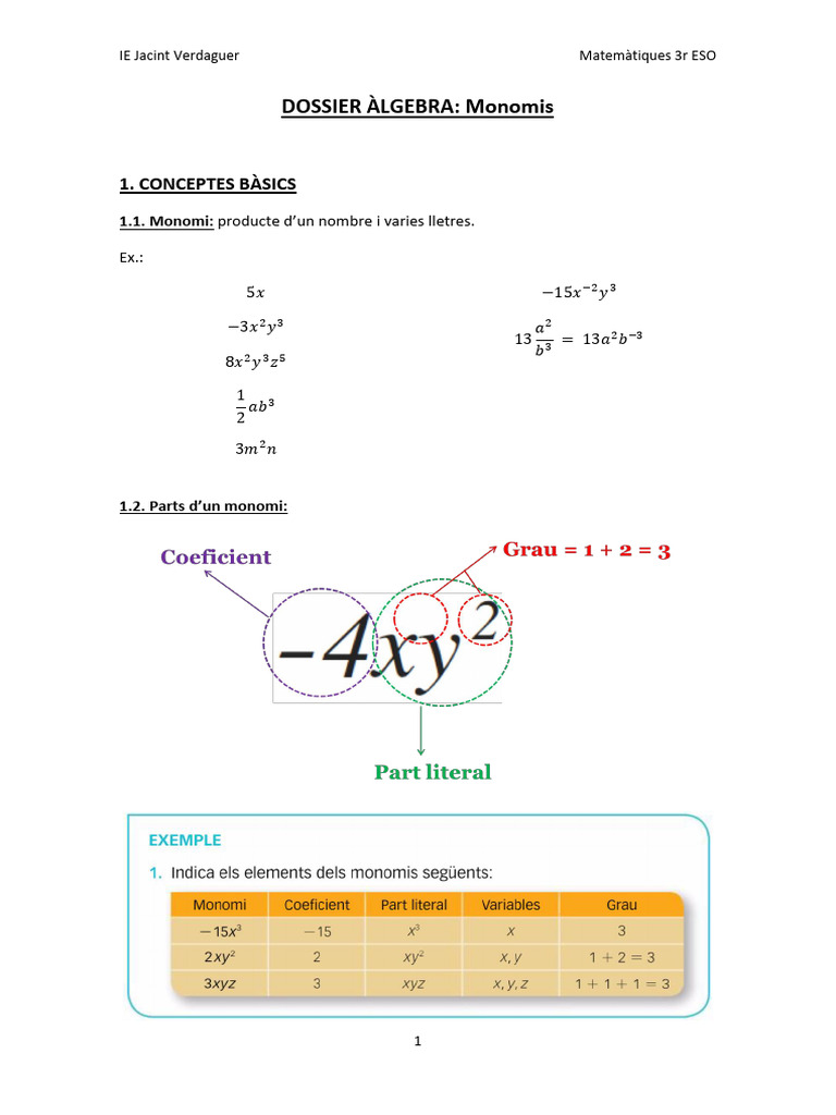 Dossier Àlgebra. Monomis | PDF