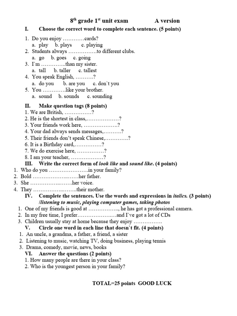 8th Grade 1-10th Unit Exam | PDF