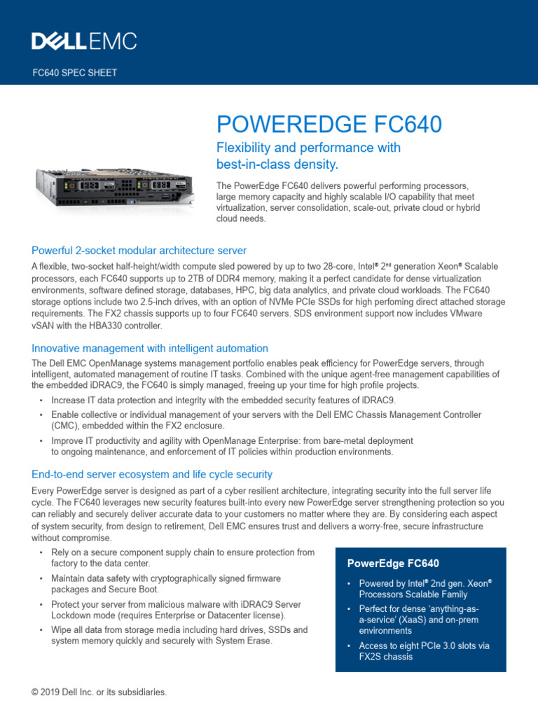 Dell EMC PowerEdge Modular Servers (Blade) FC640 Spec Sheet PDF