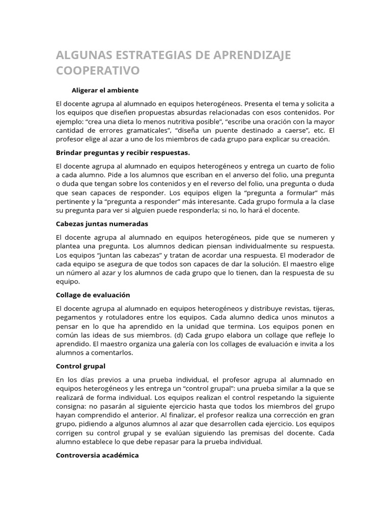 Estrategias de Aprendizaje Cooperativo | PDF | Maestros | Evaluación