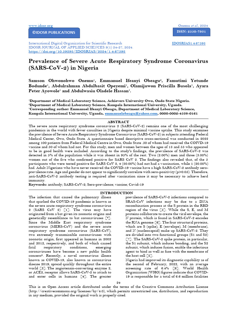 Prevalence of Severe Acute Respiratory Syndrome Coronavirus (SARS-CoV-2 ...