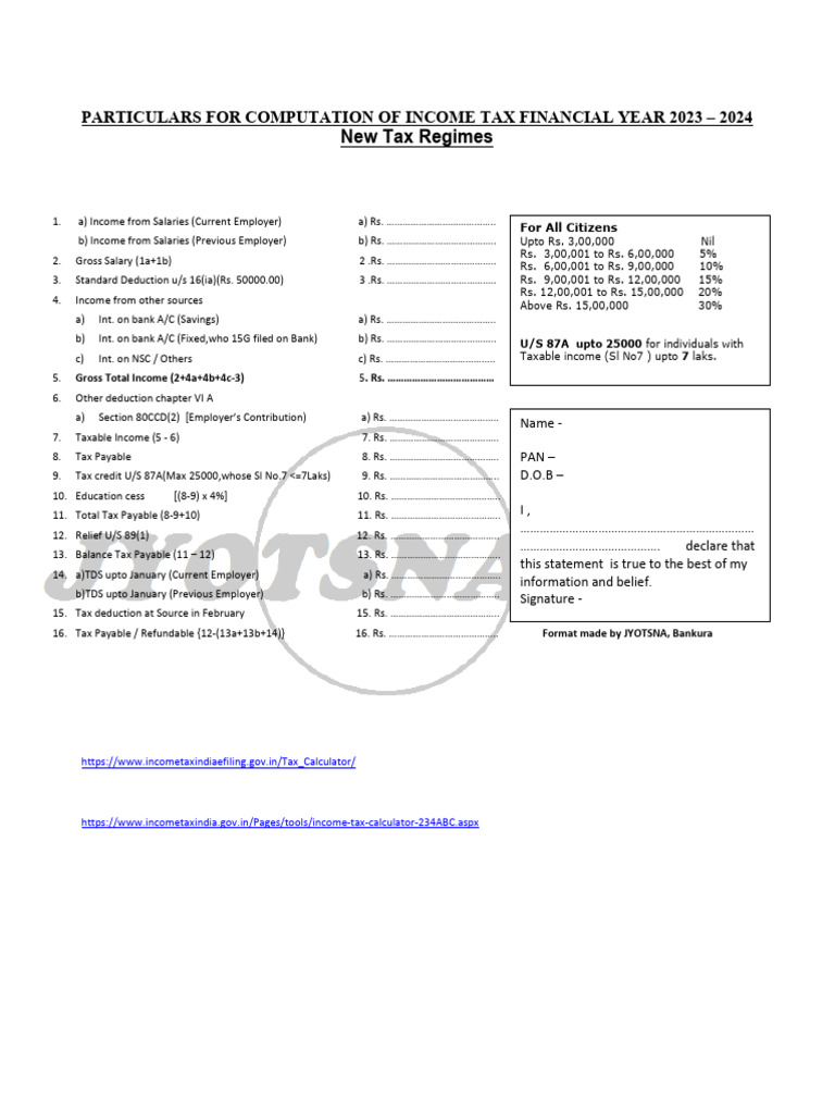 Calculation Sheet F.Y. 2022 23 New PDF Tax Deduction