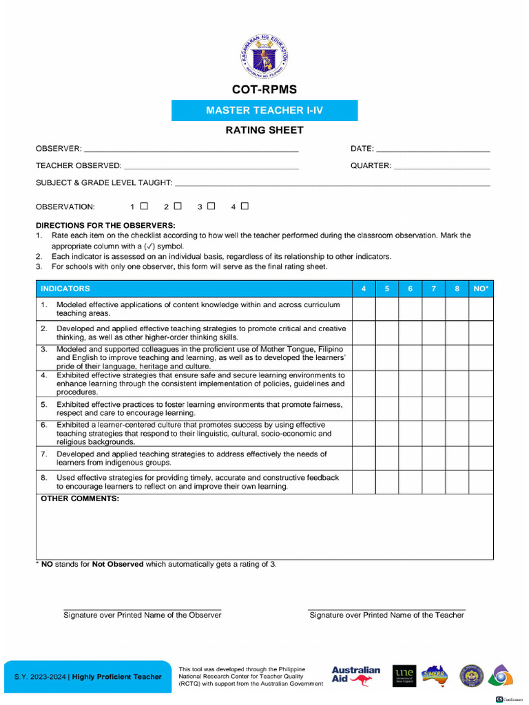 (Appendix C-06) COT-RPMS Rating Sheet For MT I-IV For SY 2023-2024 | PDF