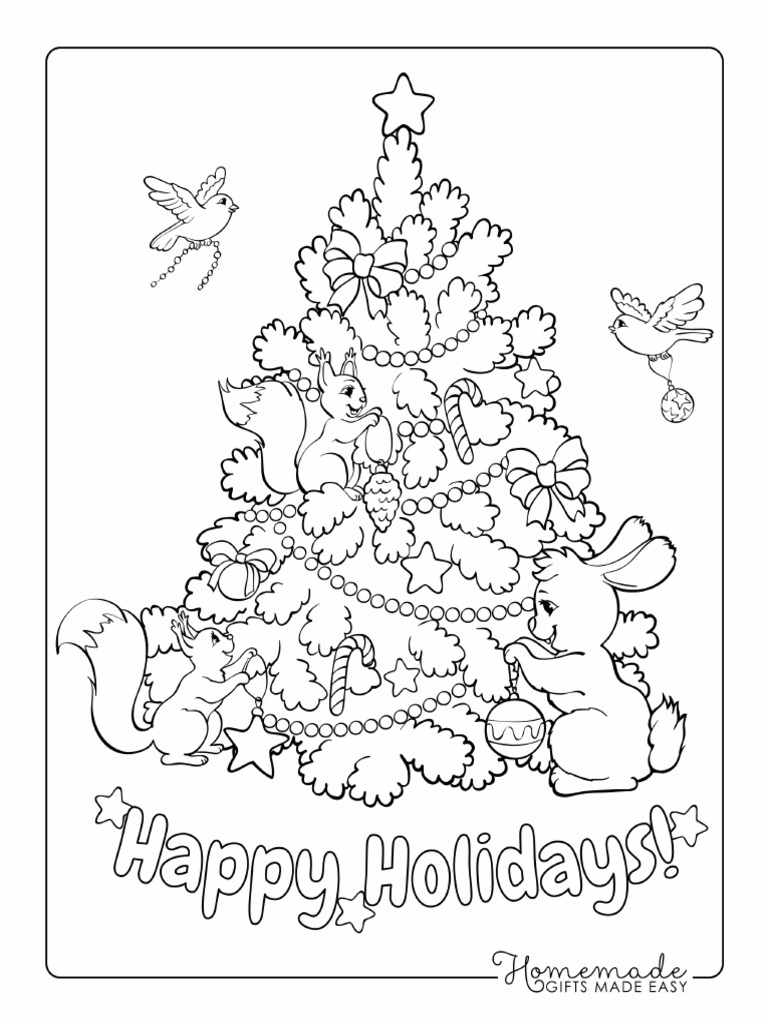 Christmas Coloring Pages Woodland Animals Decorating Tree | PDF