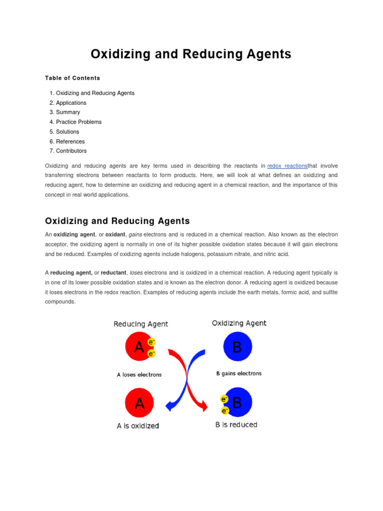 Oxidizing And Reducing Agents Pdf Redox Chemical Reactions