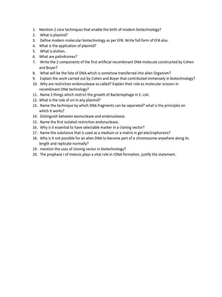 Biotechnology Principle and Processes Worksheet I PDF