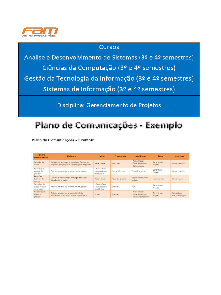 Plano De Comunicações Exemplo Pdf