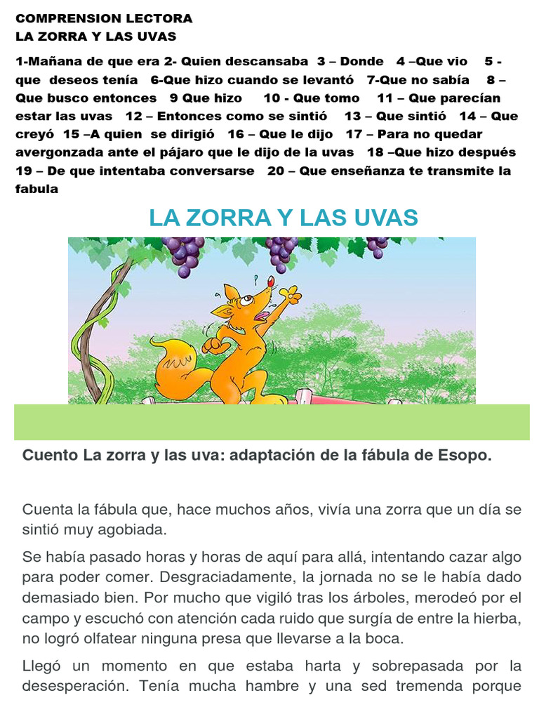 La Zorra y las Uvas: Fábula de Esopo | PDF | Uva