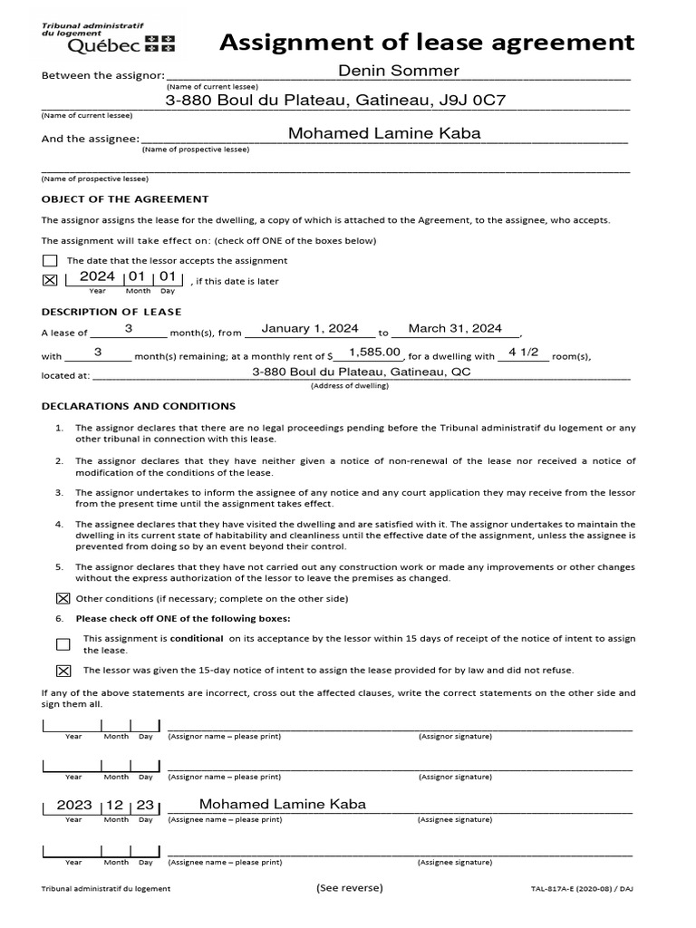 Lease Assignment Agreement in Quebec | PDF | Assignment (Law) | Lease